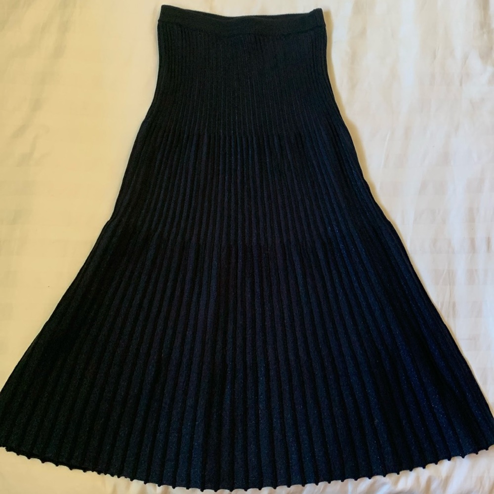 J Crew deep blue w black ribbing 1/4 merino knit metallic long skirt EUC